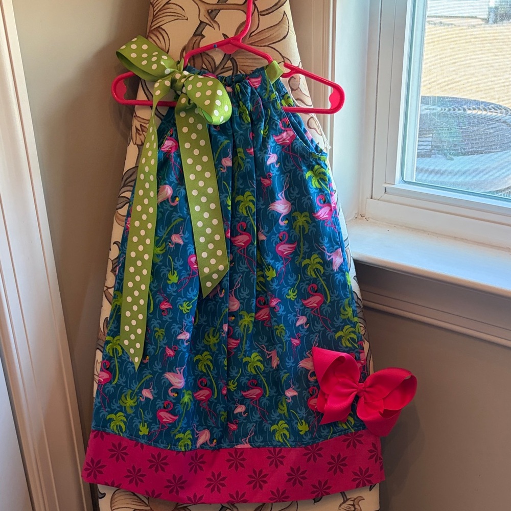Tropical Flamingo Kids Dress - Blue and Pink
